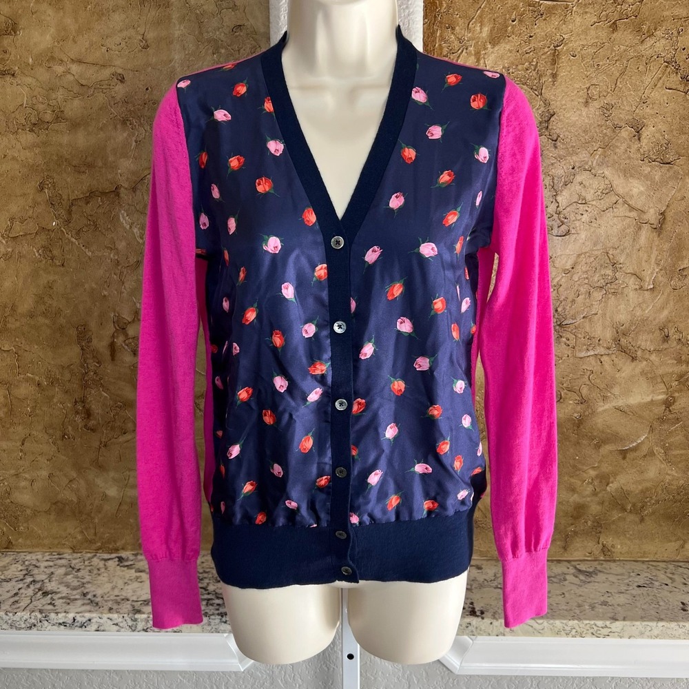 Ann Mashburn 100% Worsted Cashmere Cardigan Sweater Women Small Floral Blue Pink
